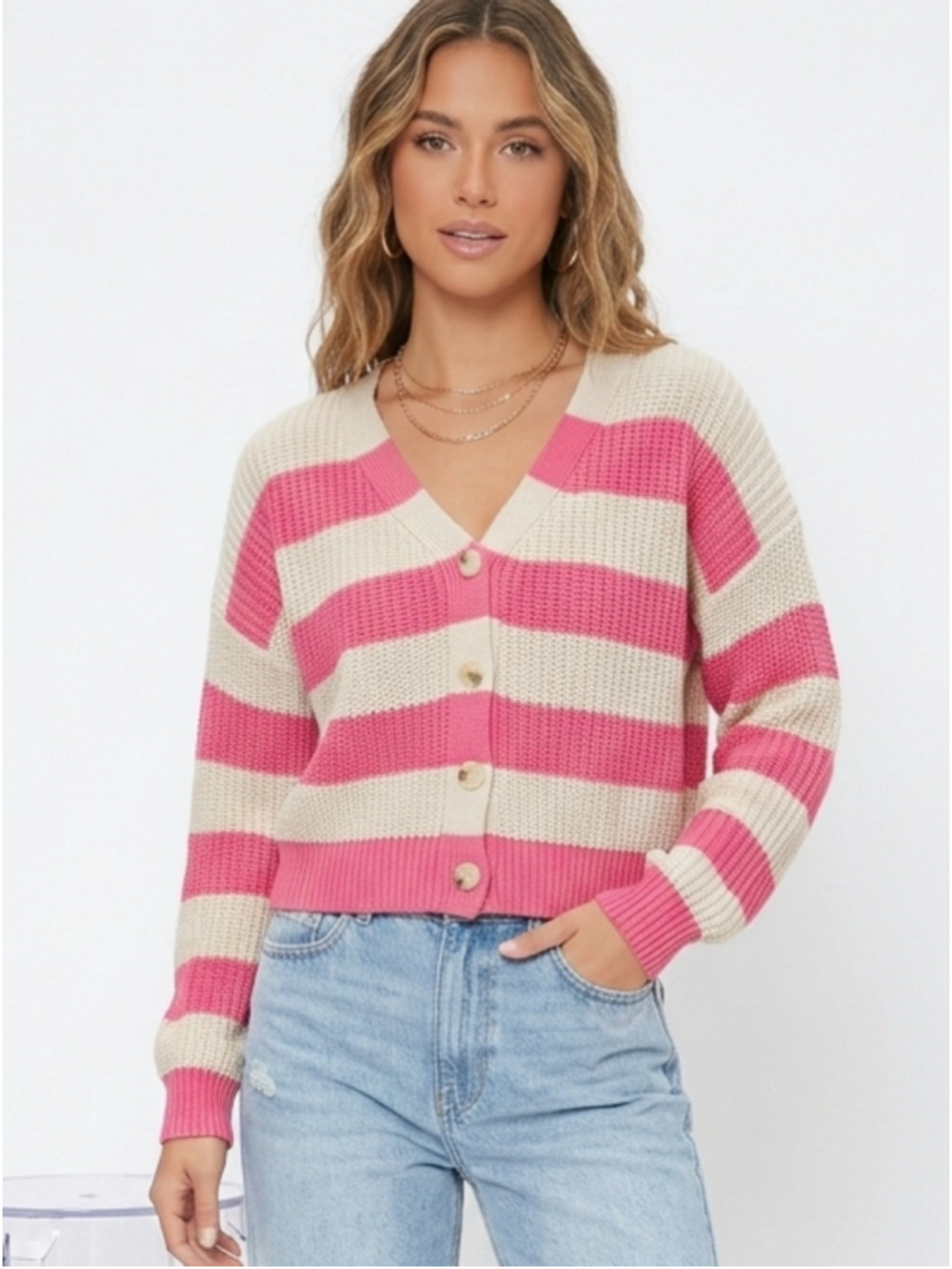 Jessica Simpson Hot Pink & Cream Ribbed Striped Cropped Button Cardigan Med 498